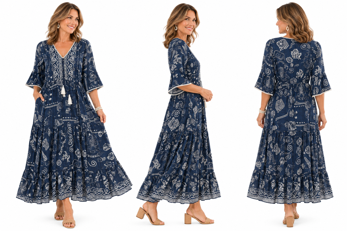Navy Boho Rayon Maxi Dress