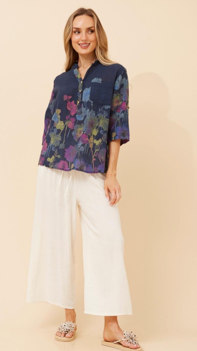Navy Cotton Shirt with Painted like Details