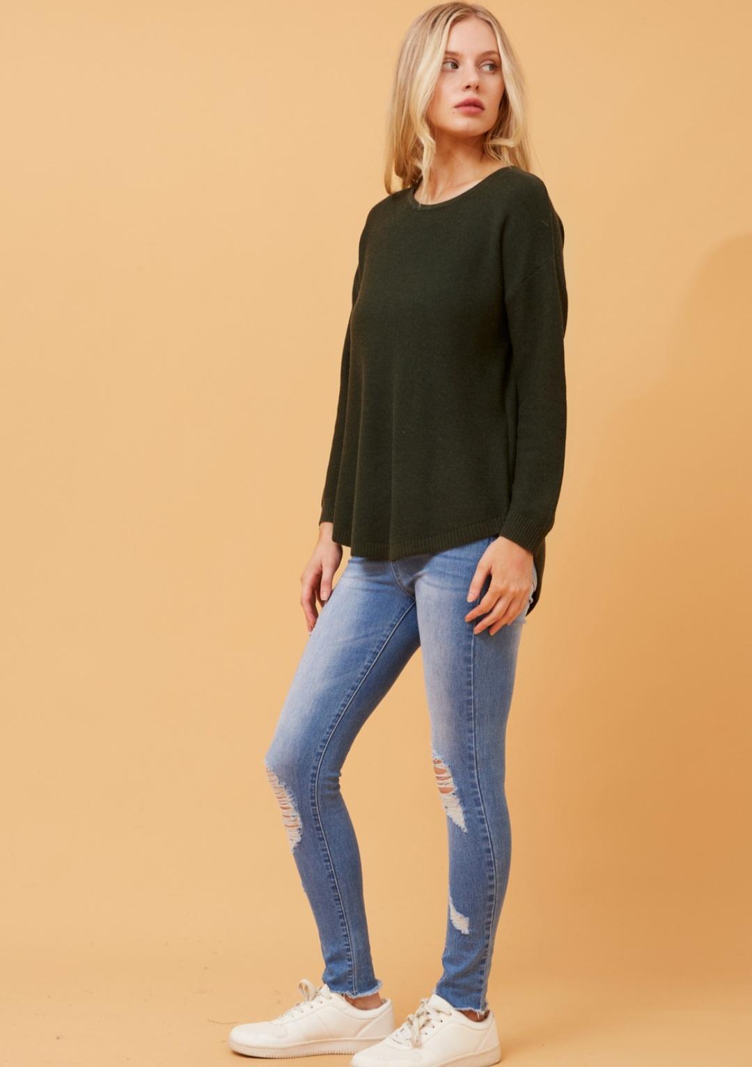 Olive Curved Hem Lightweight Knit Jumper