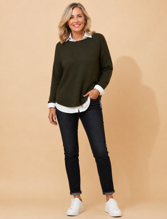 Olive Curved Hem Lightweight Knit Jumper