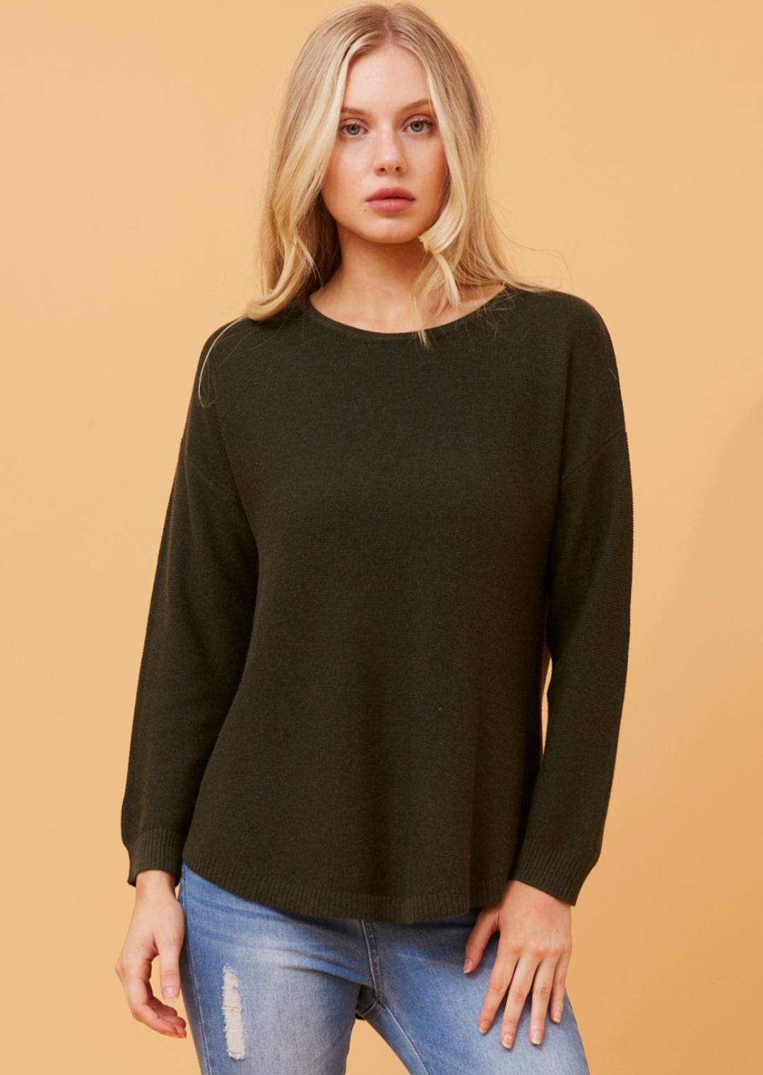 Olive Curved Hem Lightweight Knit Jumper