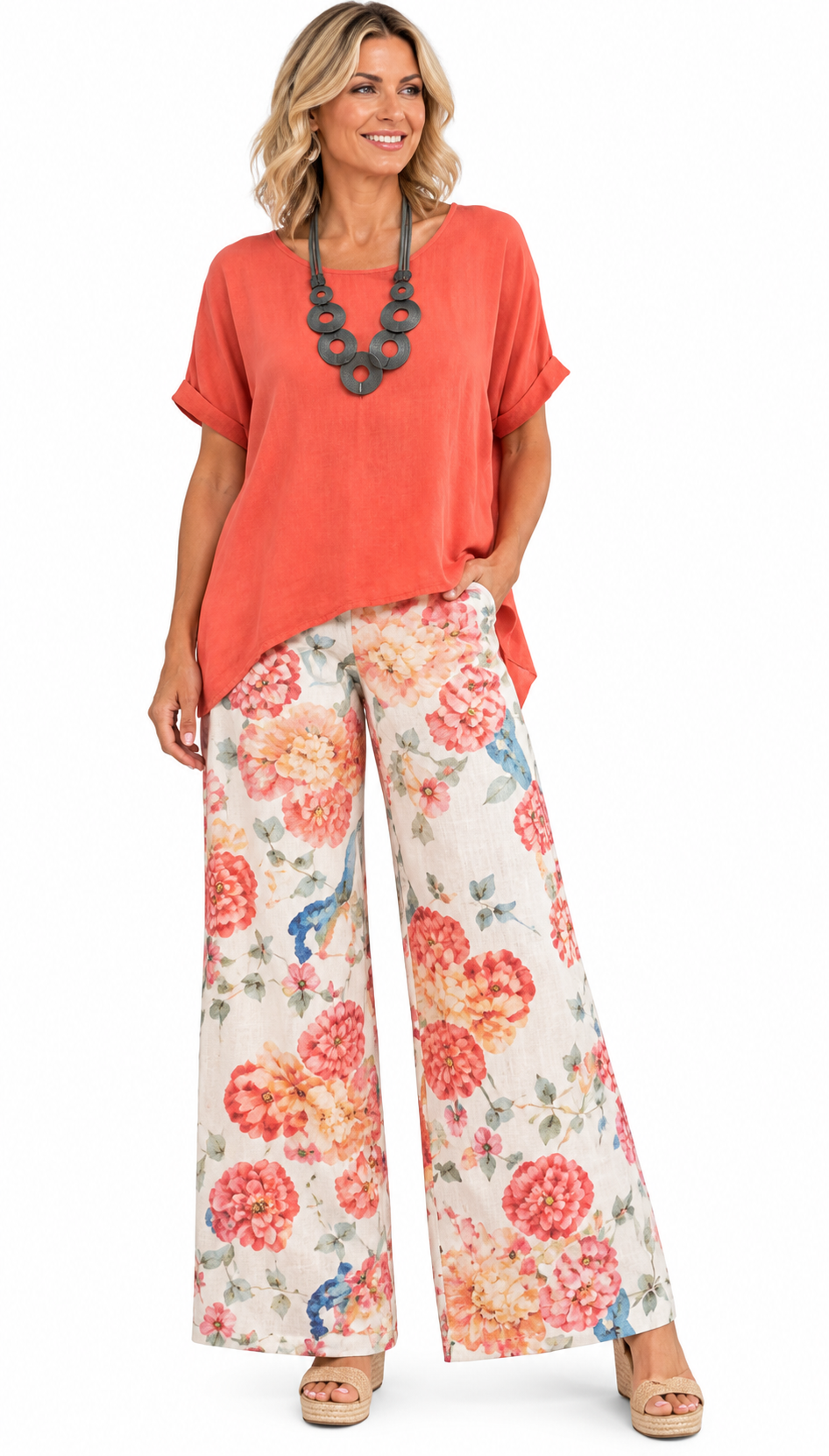 Orange Floral Linen Blend Pants