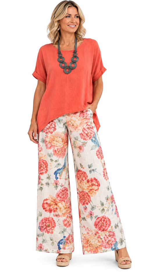 Orange Floral Linen Blend Pants