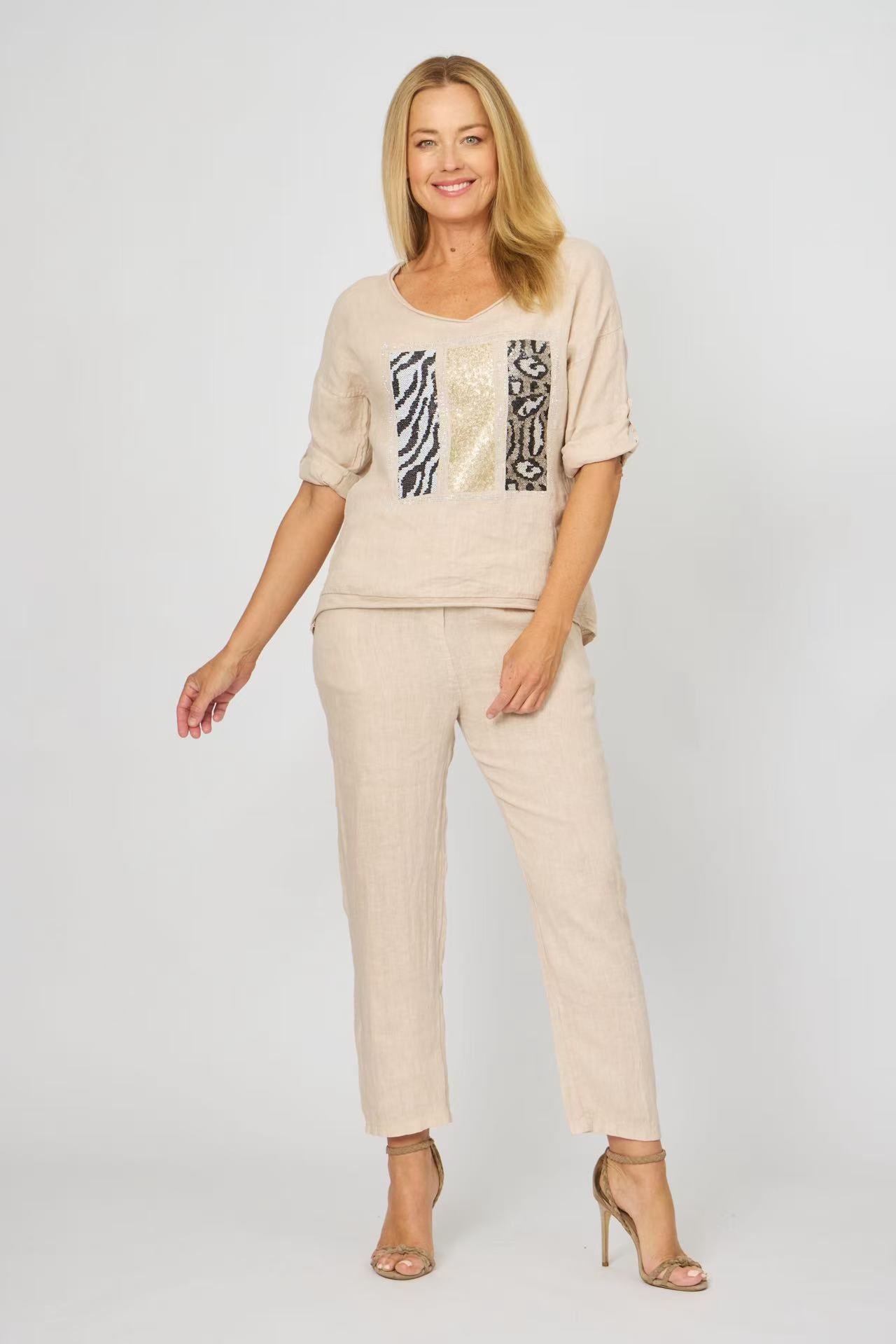 Soft Pink Linen Sequin Detail Top