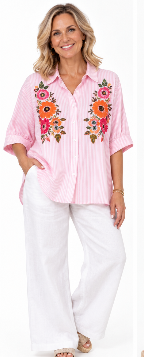 Pink Stripe Floral Embroidered Shirt