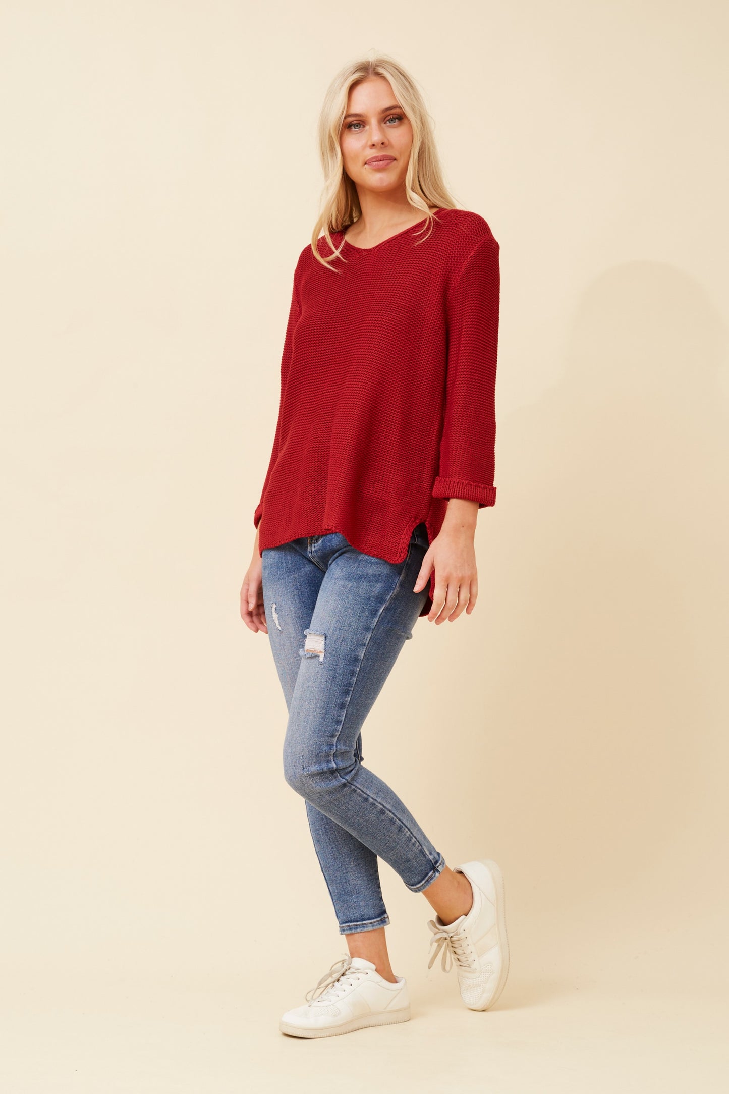 Brick Red V-Neck Knit Pullover