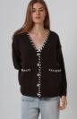 Chocolate Brown Contrast Trim Wool Blend Cardigan