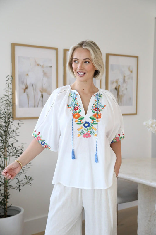 White Embroidered Cotton Top