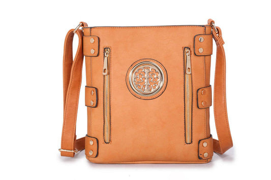 Cross body bag with top zip closure: Tan Brown