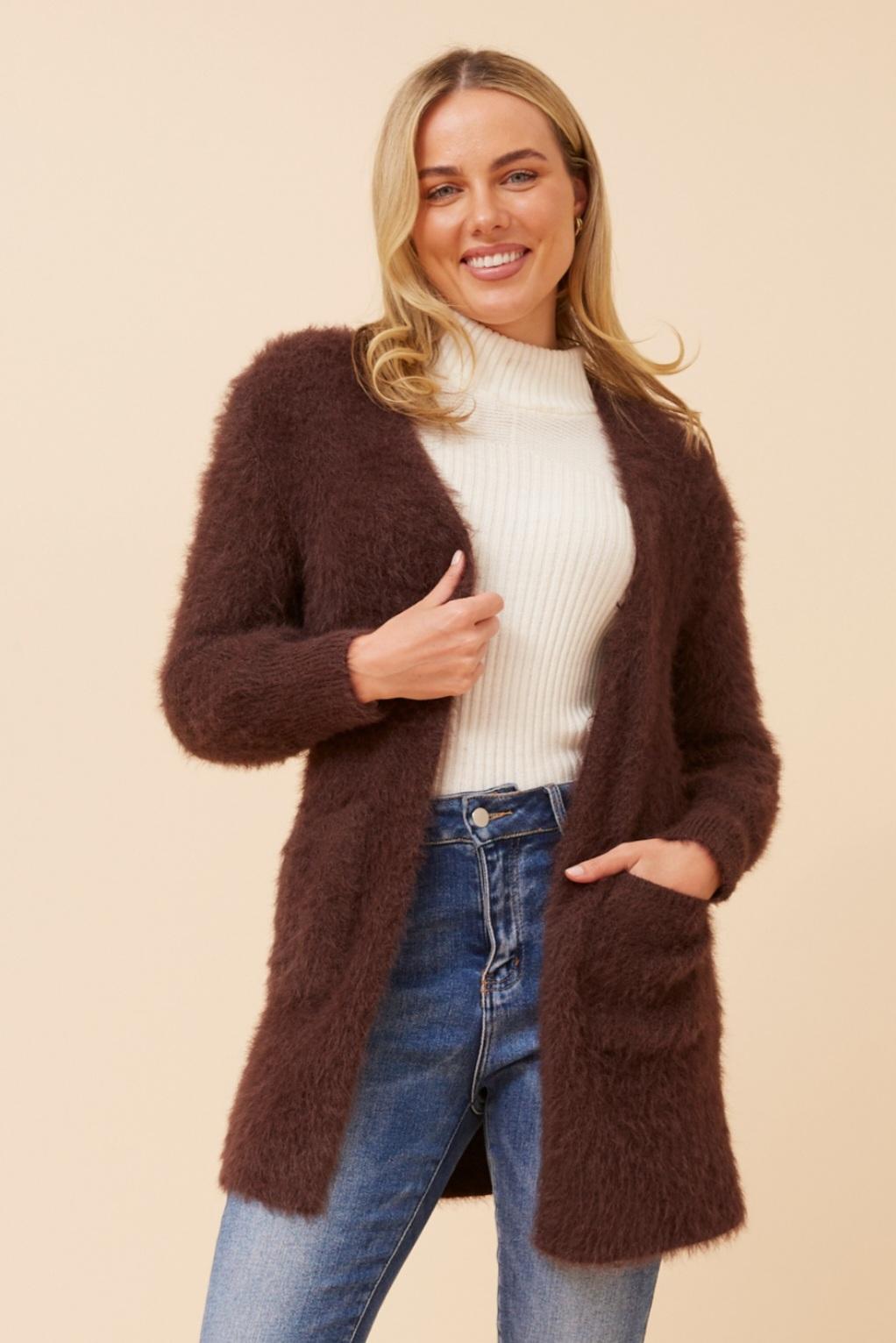 Soft Eyelash Knit Chocolate Cardigan with Pockets – Cosy Lightweight Layering