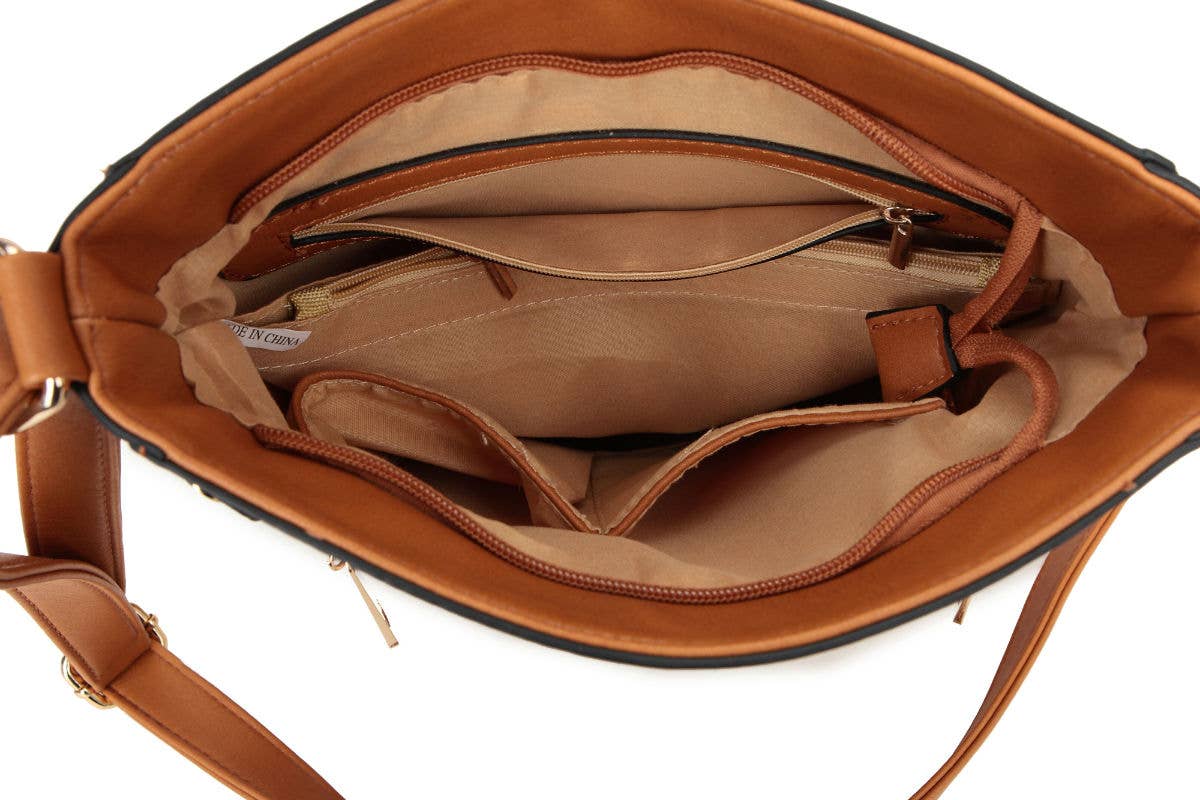 Cross body bag with top zip closure: Tan Brown