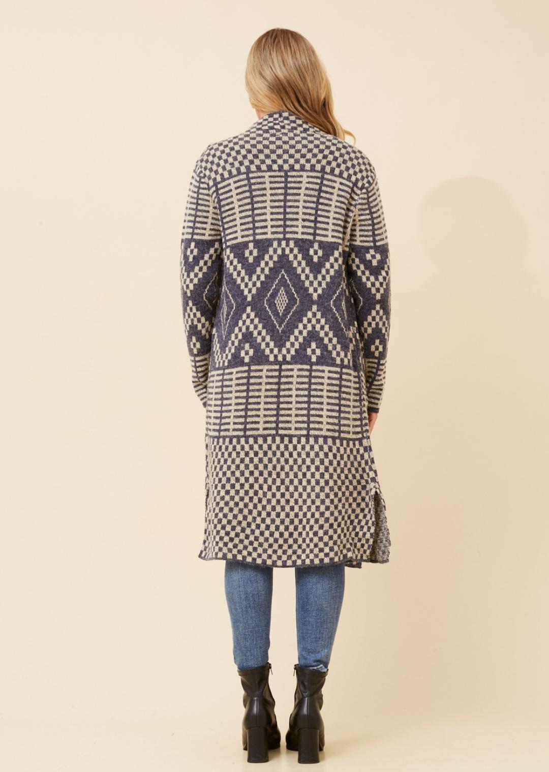 Long Line Jacquard Cardigan Navy & Winter White