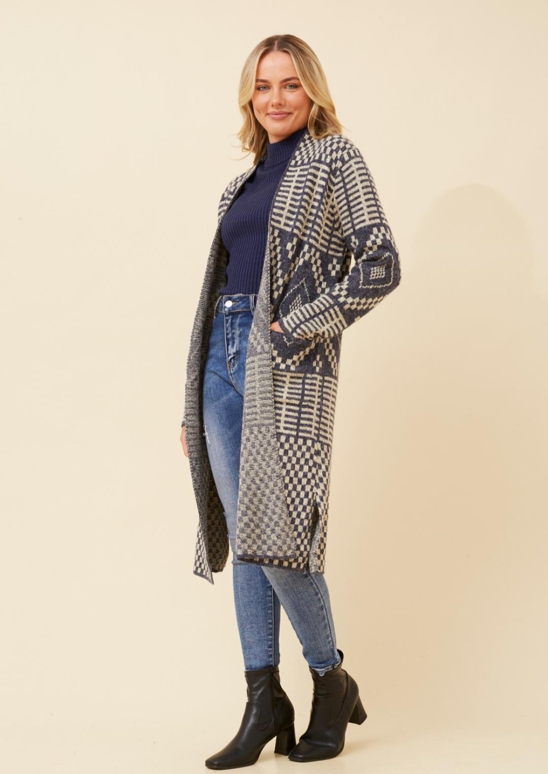 Long Line Jacquard Cardigan Navy & Winter White