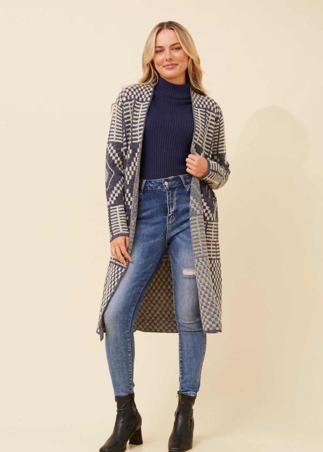 Long Line Jacquard Cardigan Navy & Winter White