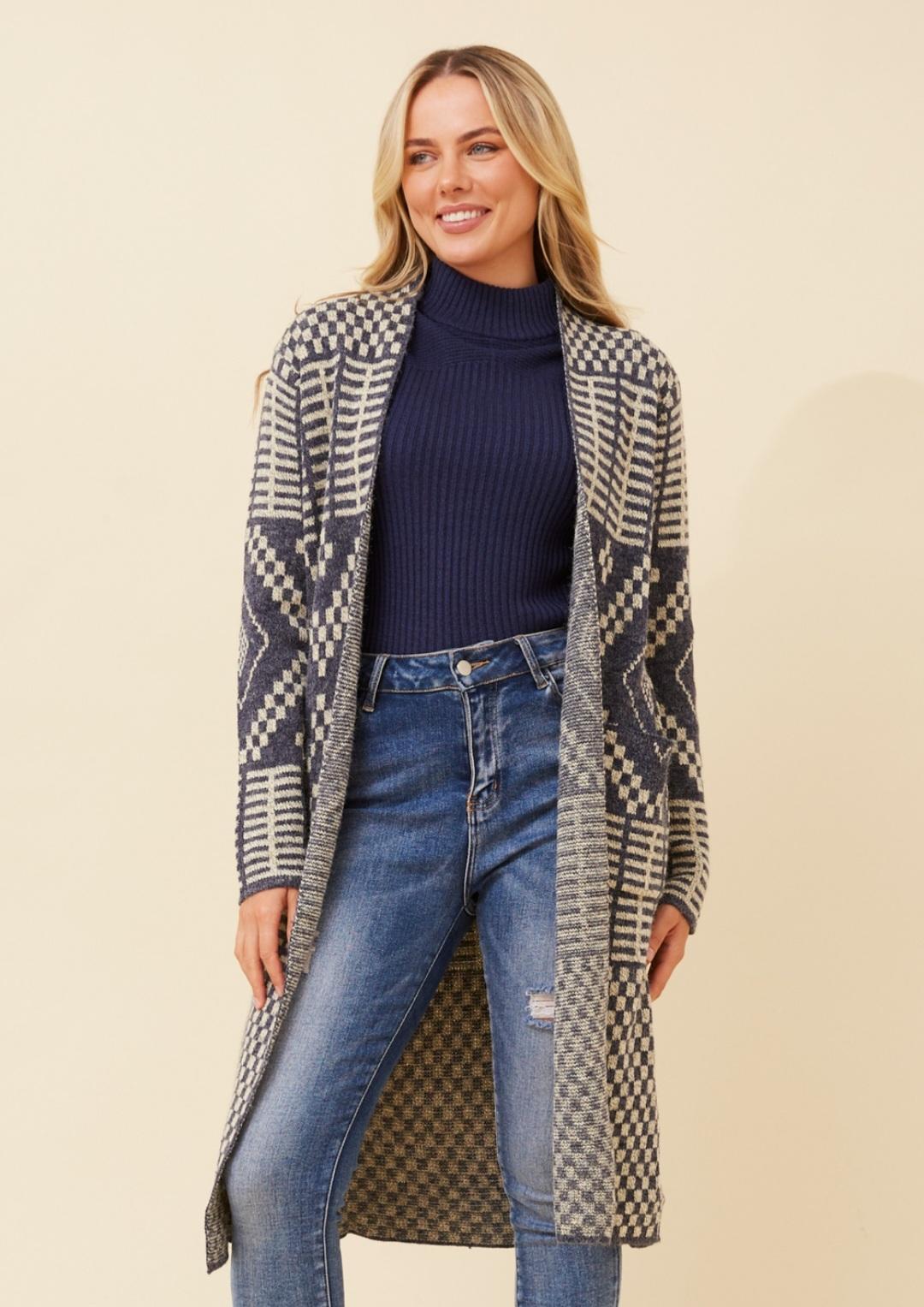 Long Line Jacquard Cardigan Navy & Winter White