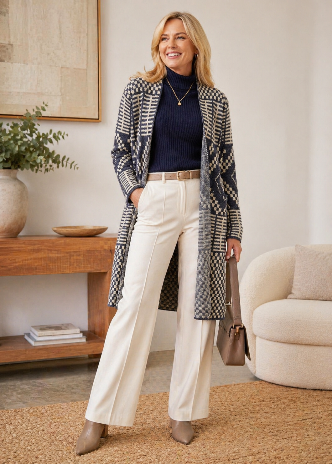 Long Line Jacquard Cardigan Navy & Winter White