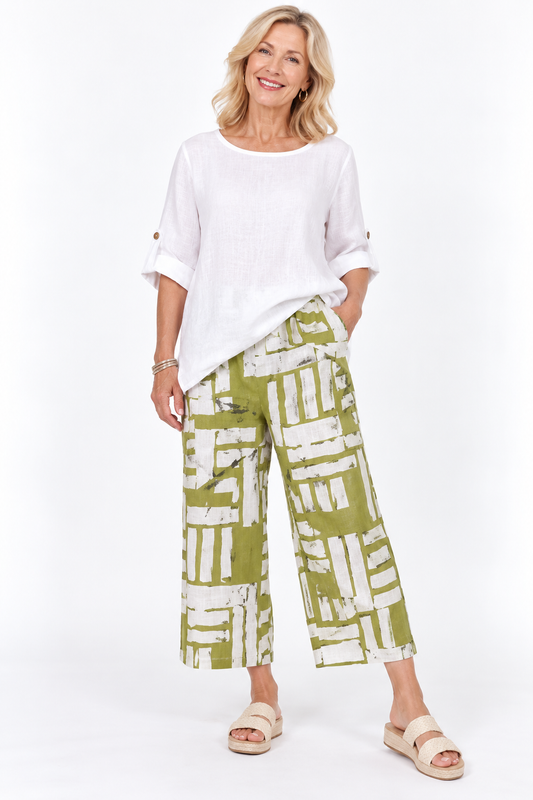Pale Olive & White Linen Blend Pants