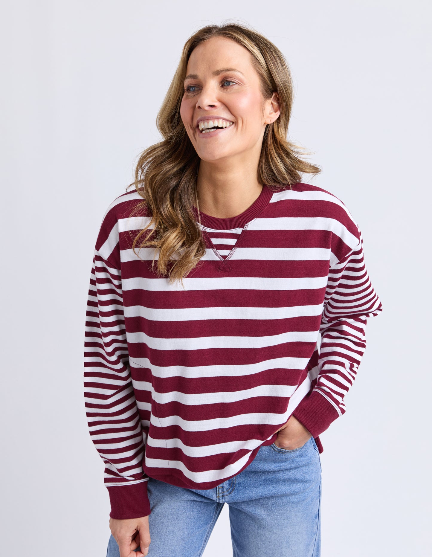 All Sorts Crew Neck Top Plum & White