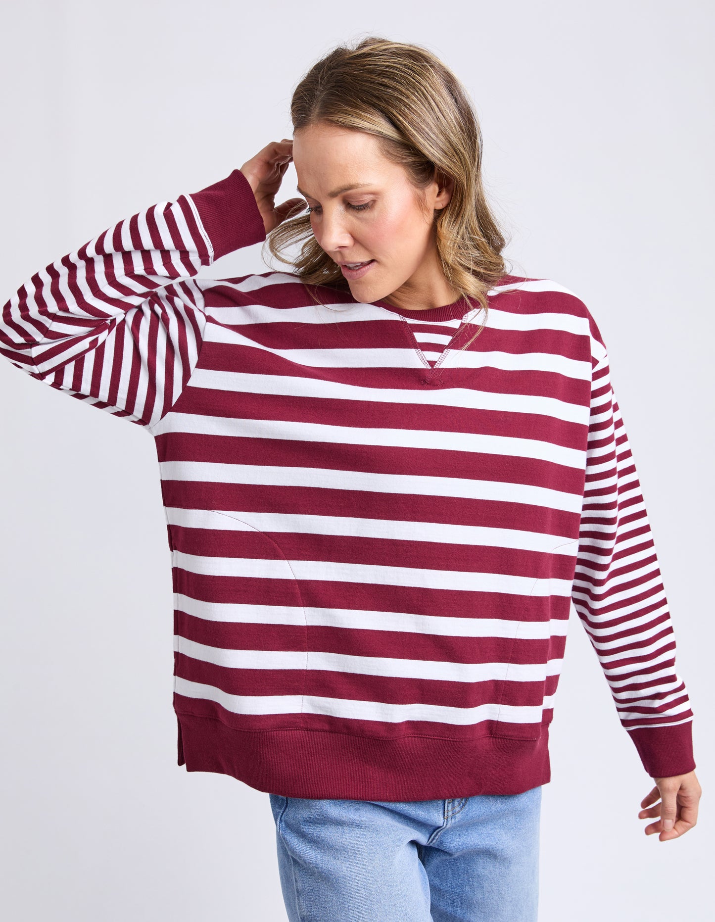 All Sorts Crew Neck Top Plum & White