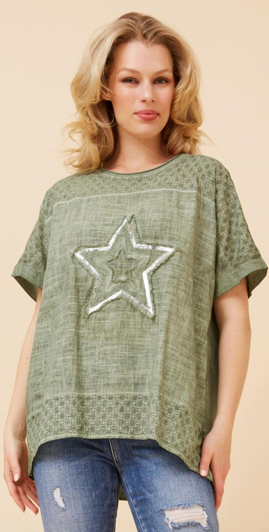 Cotton Star Top Linen in Sage