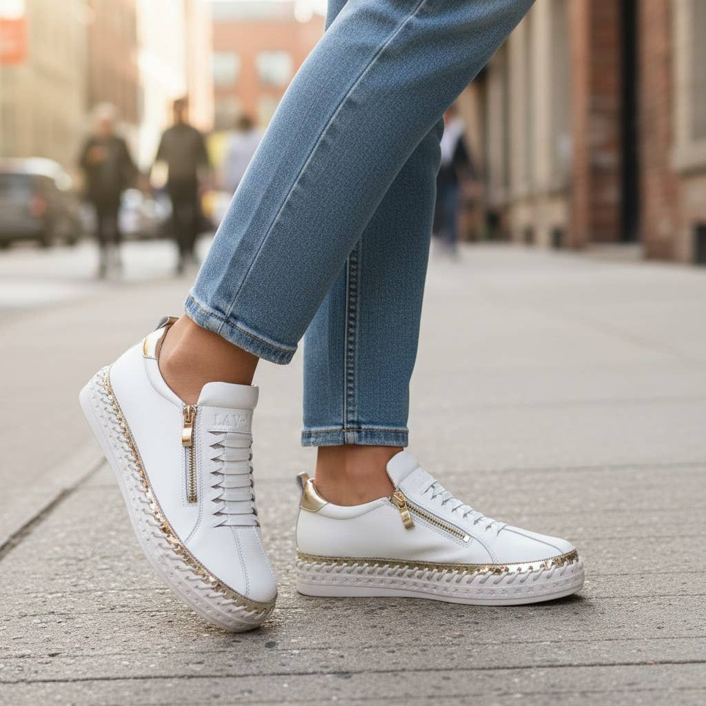 White/Gold Heritage Leather Zip Sneaker