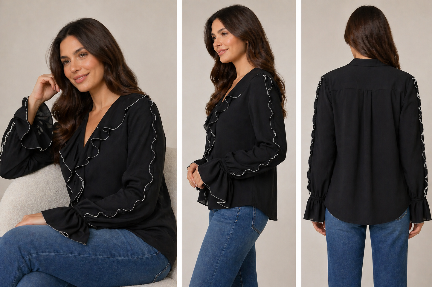 Black Cotton Frill Blouse with Camisole