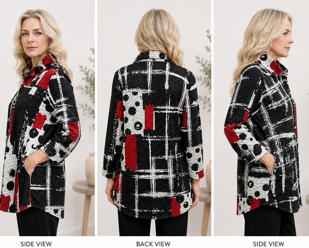 Black and red patterned coat shown from side, back, and side views with a neutral background.