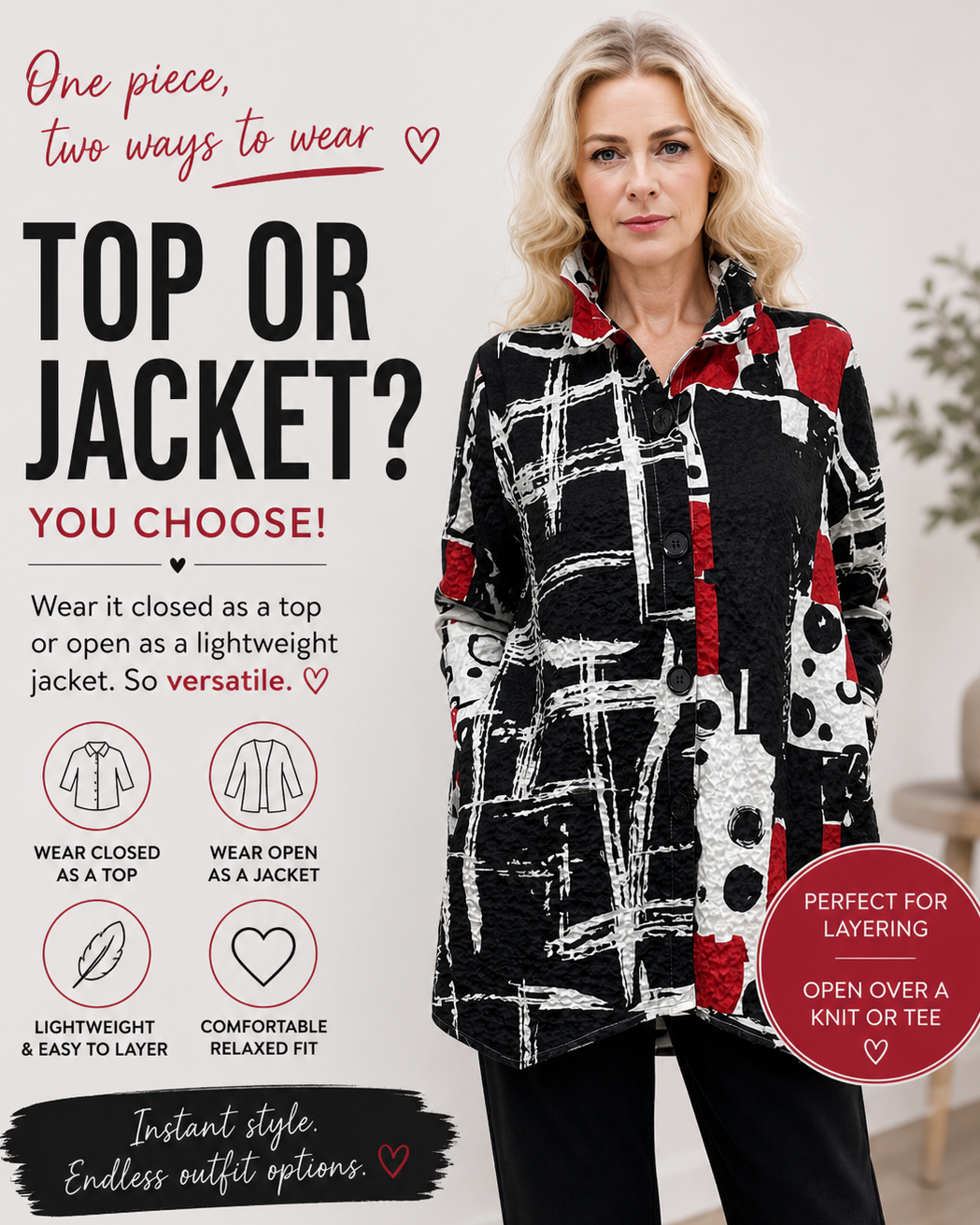 Woman wearing a black and white patterned jacket with text on how to wear it as a top or jacket.