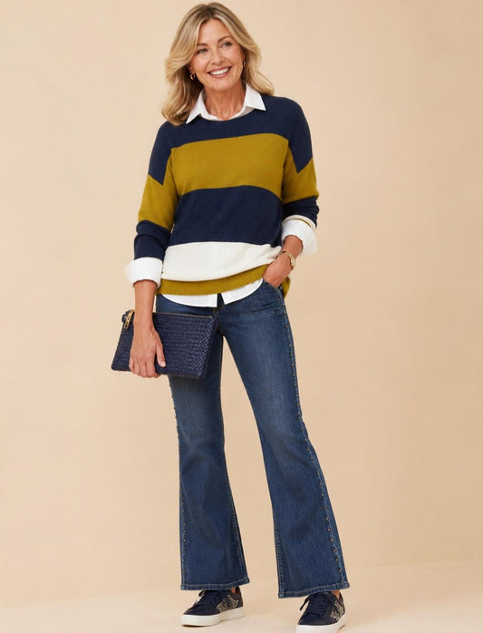 Navy & Olive Colour Block Knit Jumper