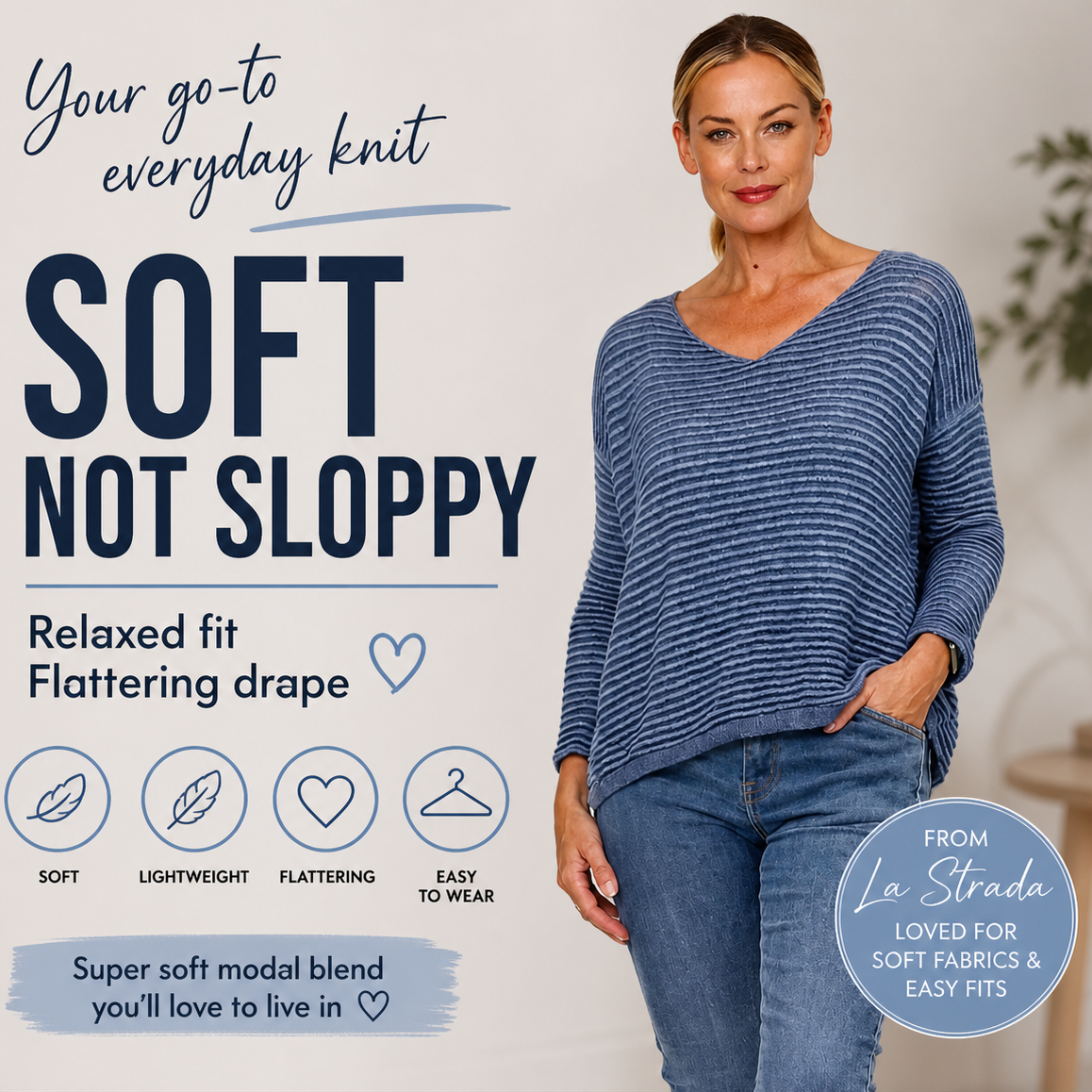 Woman wearing a blue sweater with promotional text about the fabric and brand on a light background