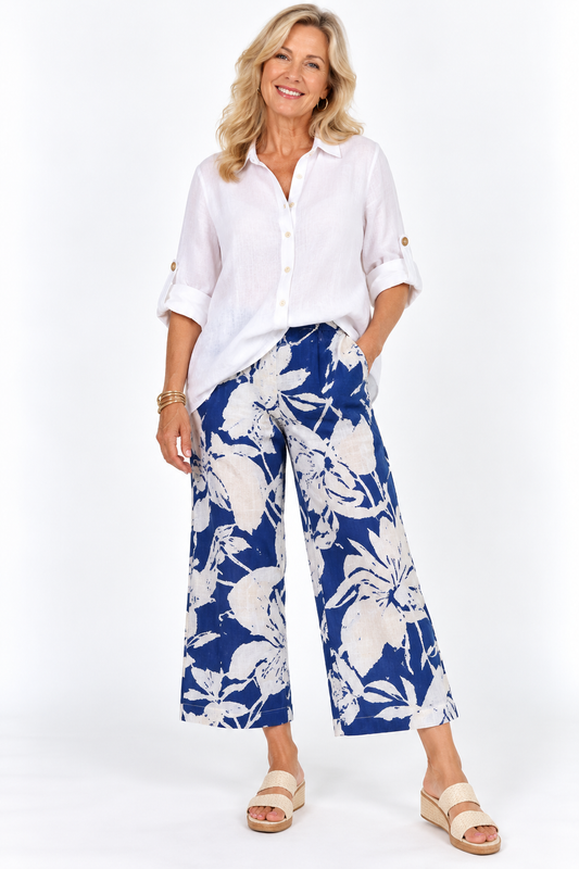 Blue & White Floral 7/8 Linen Cotton Pants
