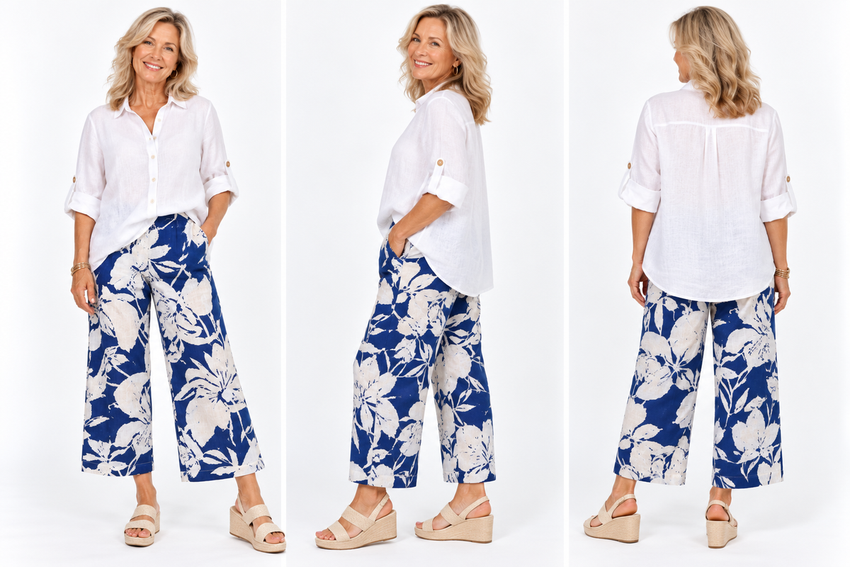 Blue & White Floral 7/8 Linen Cotton Pants