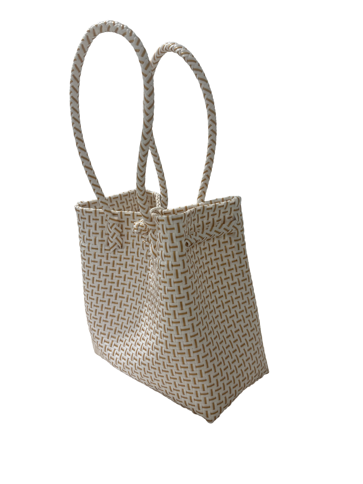 Designer Tote In White & Caramel Weave: Medium