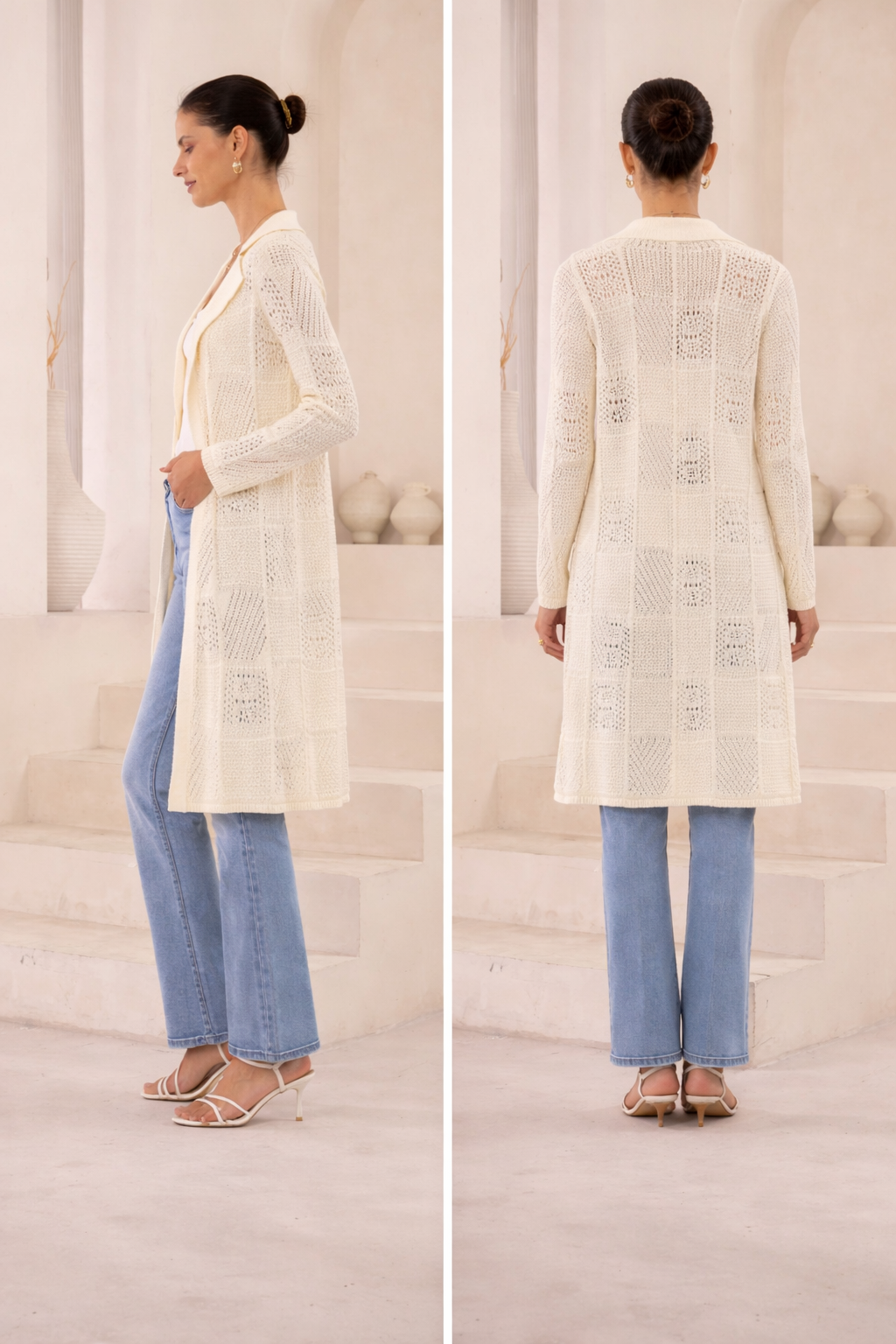 Cream Cotton Long Line Cardigan