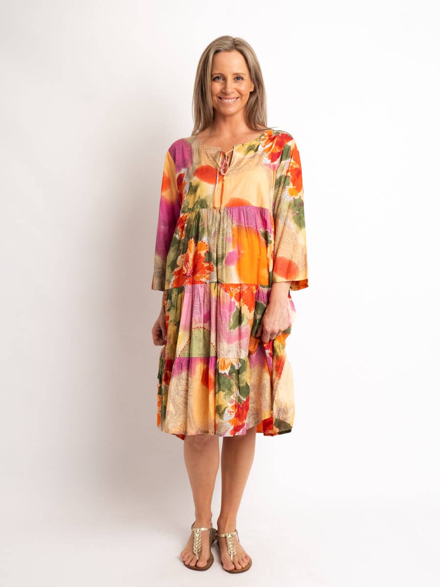 Gypsy Style Tiered Dress In Orange Pink