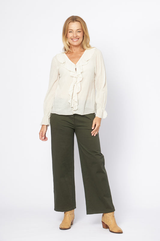 Cotton Stretch Straight Leg Pants Dark Green