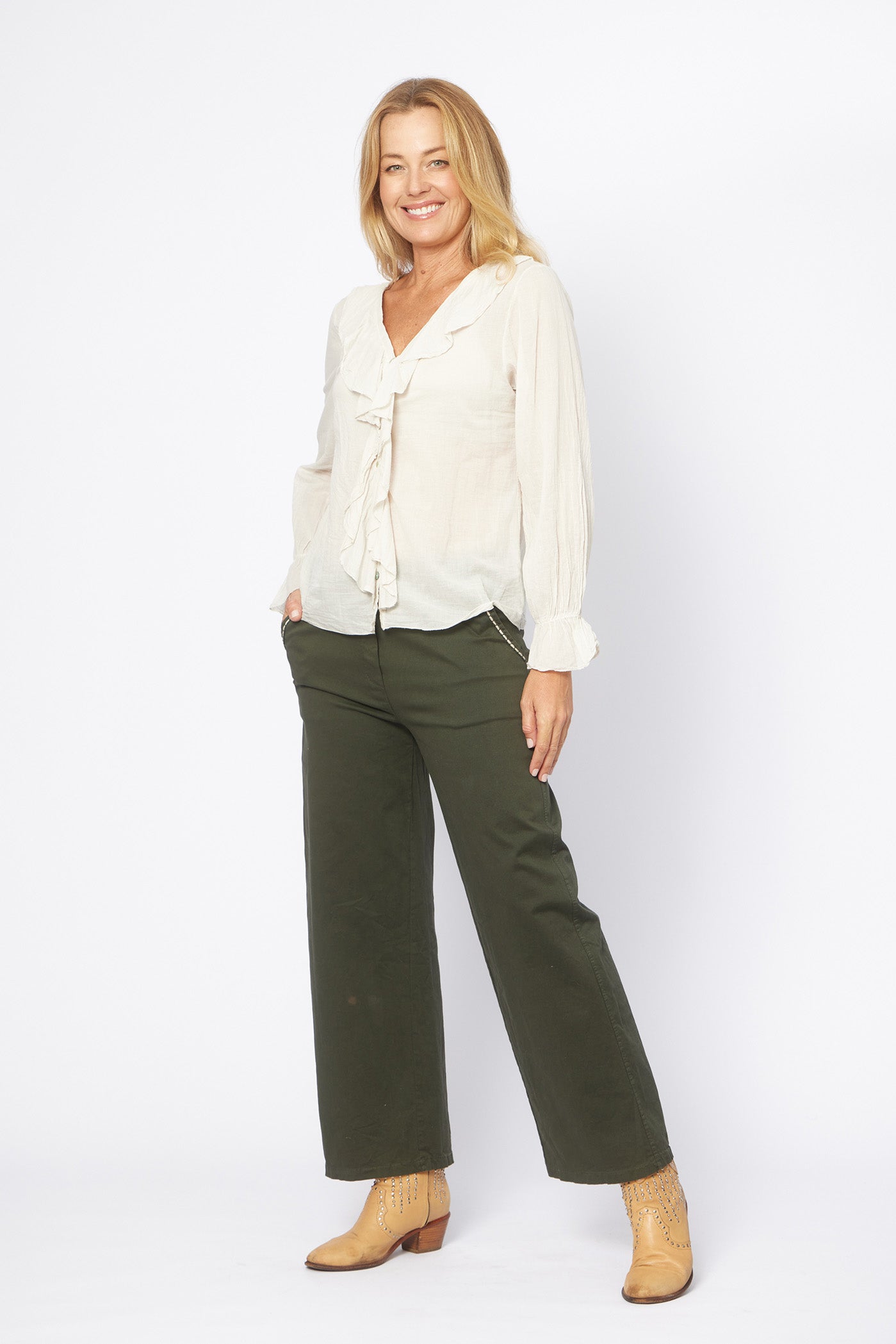 Cotton Stretch Straight Leg Pants Dark Green