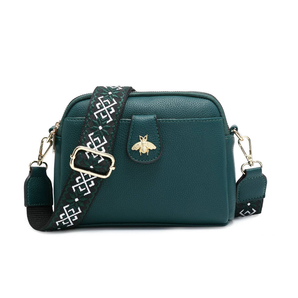 Green Cross Body Handbag with double zip top sections