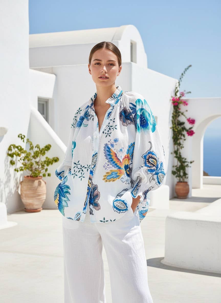 Linen Blend White & Blue Shirt