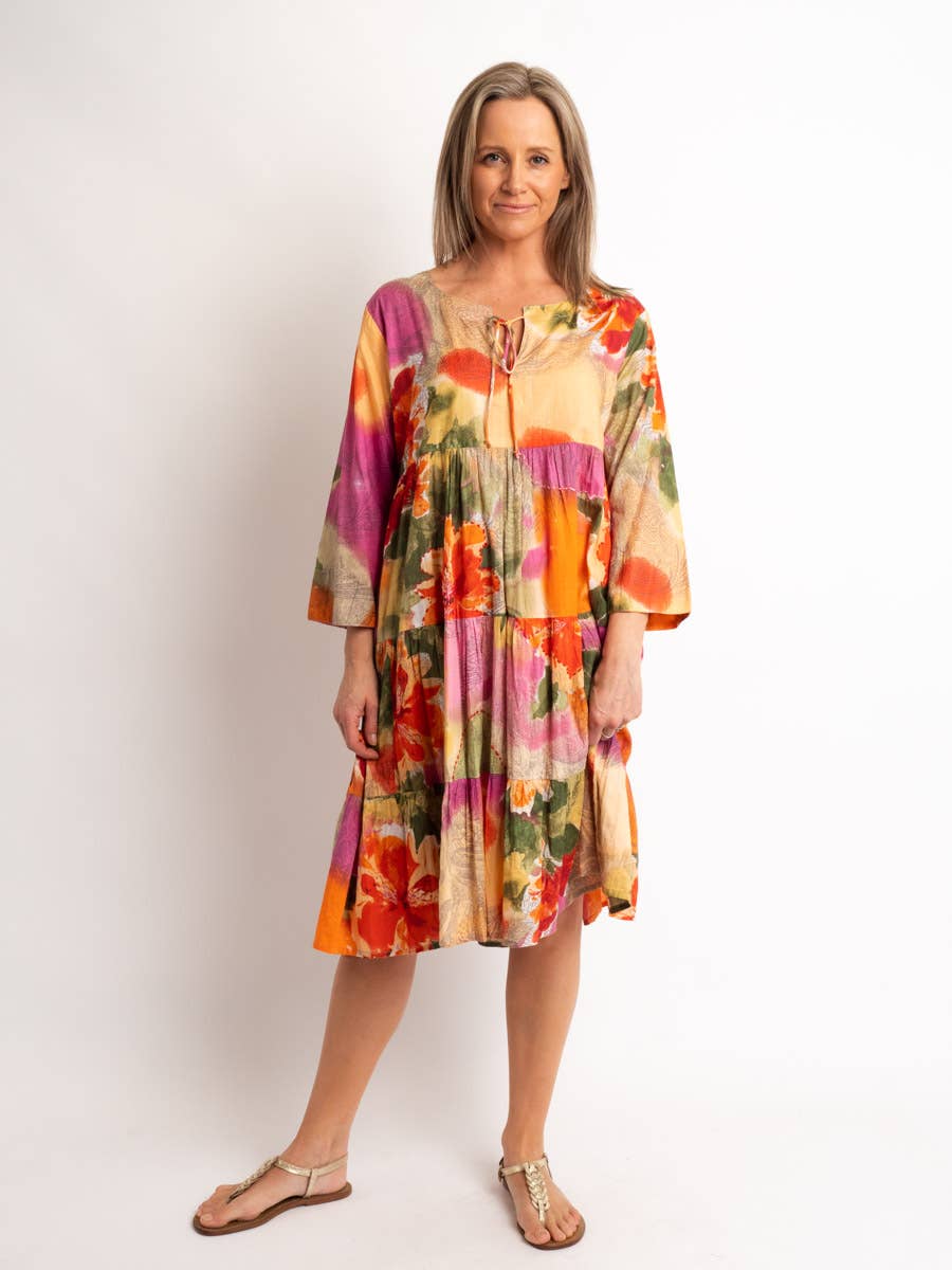 Gypsy Style Tiered Dress In Orange Pink