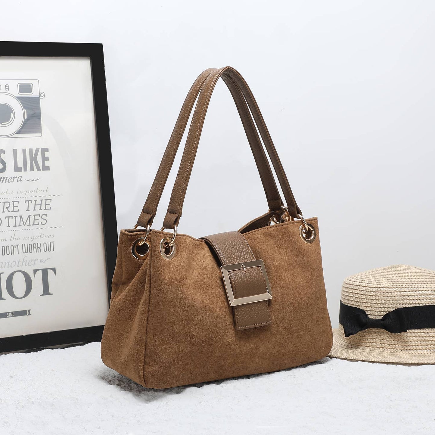 Camel Vegan Suede Shoulder Bag