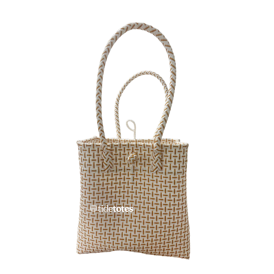Designer Tote In White & Caramel Weave: Medium