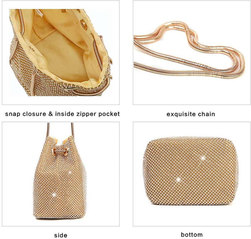 Soft all around diamante bucket bag for party: Gold