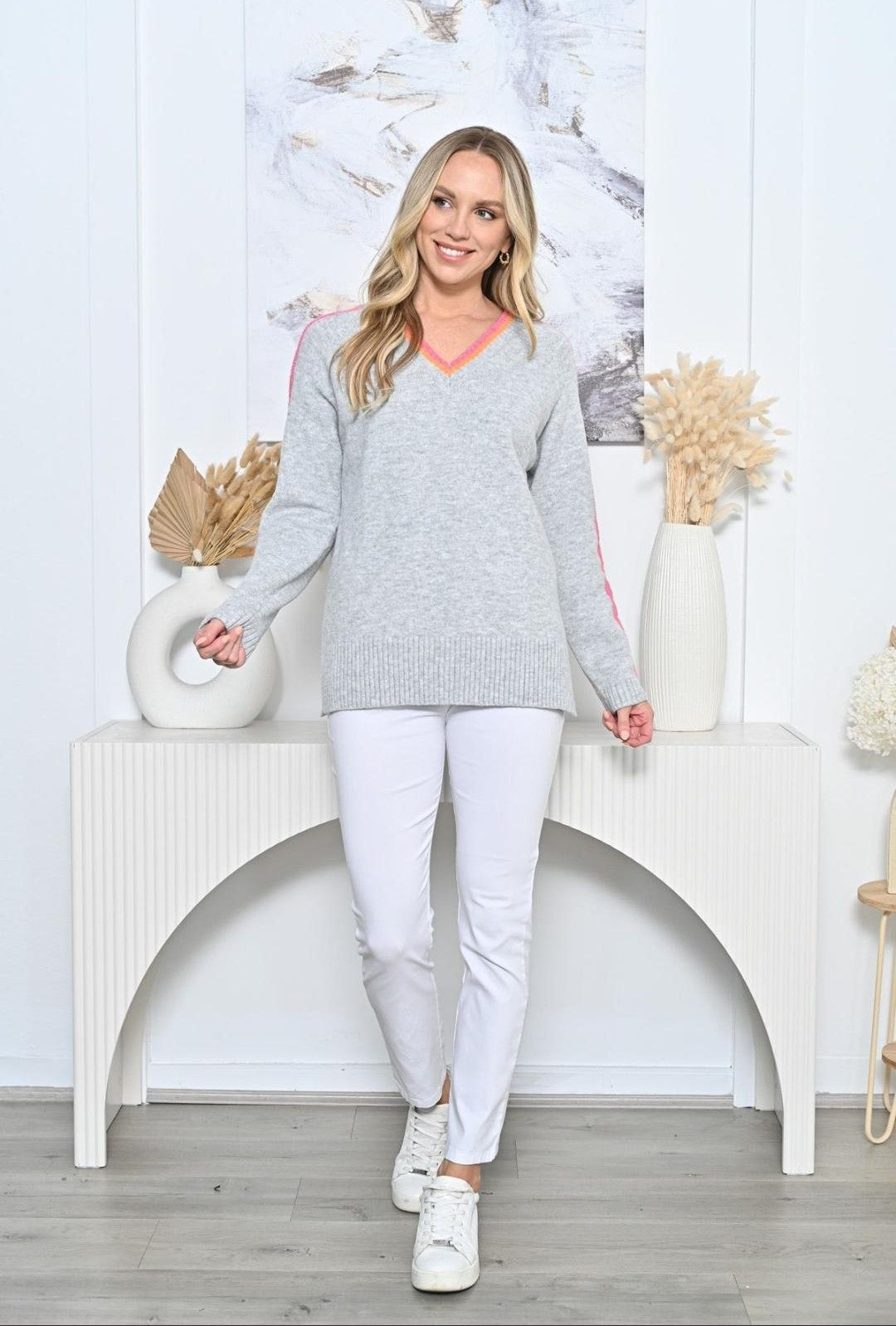Grey Knit with Striped Edging