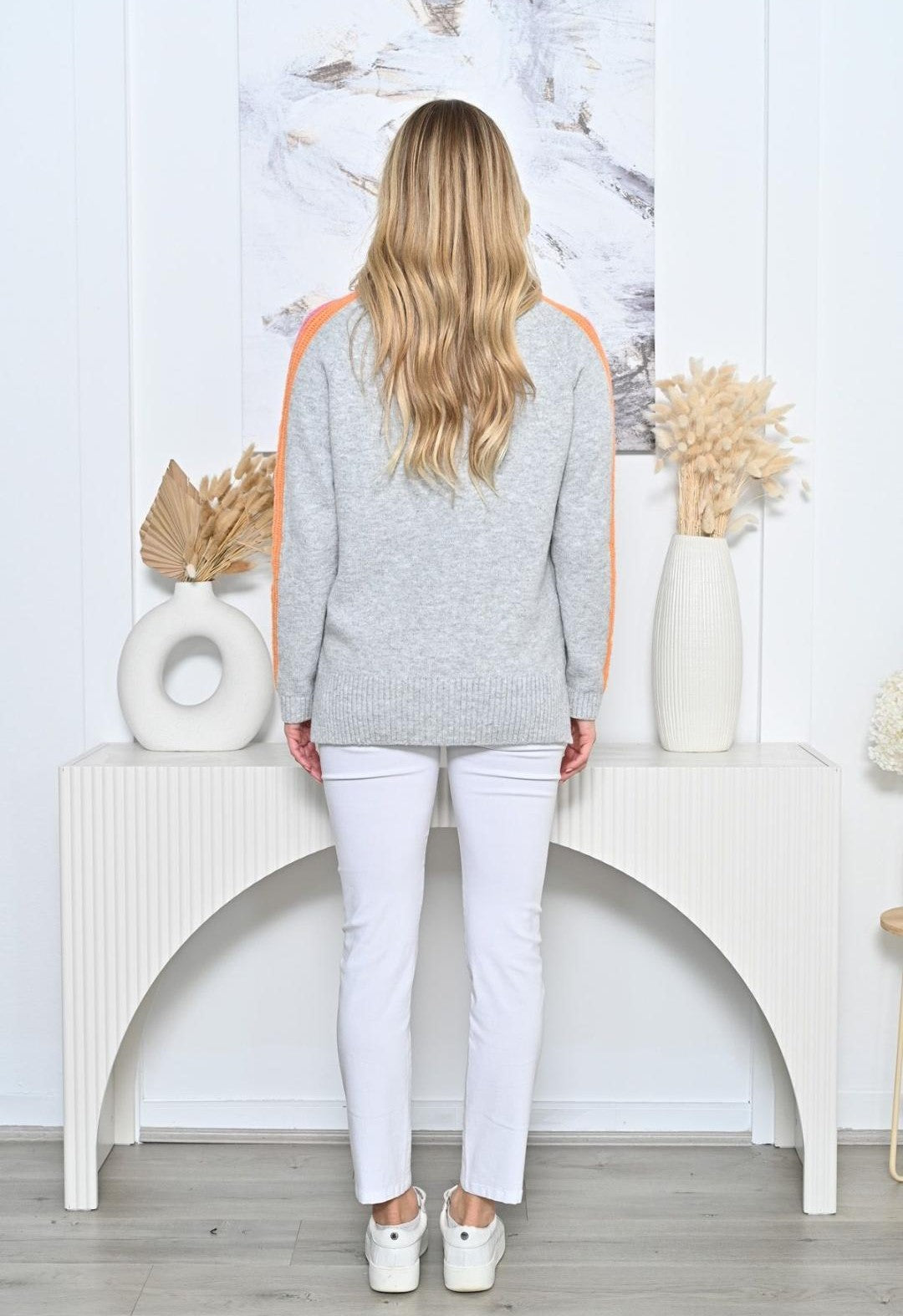 Grey Knit with Striped Edging