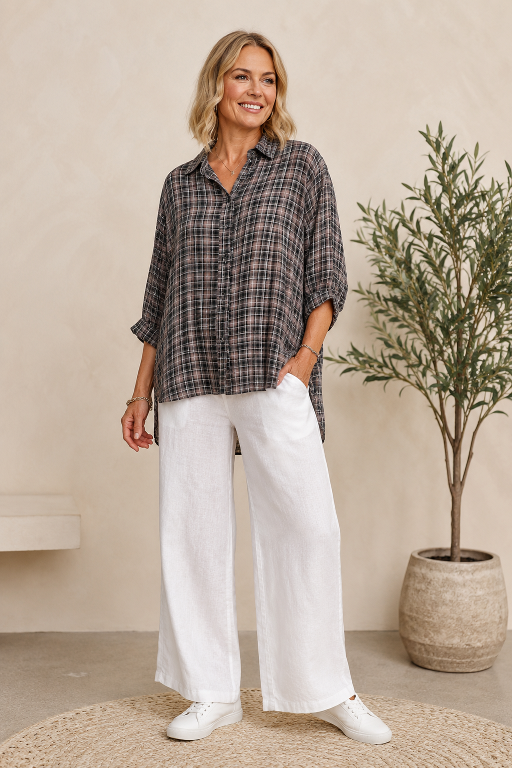 Grey Check Silk Blend Blouse