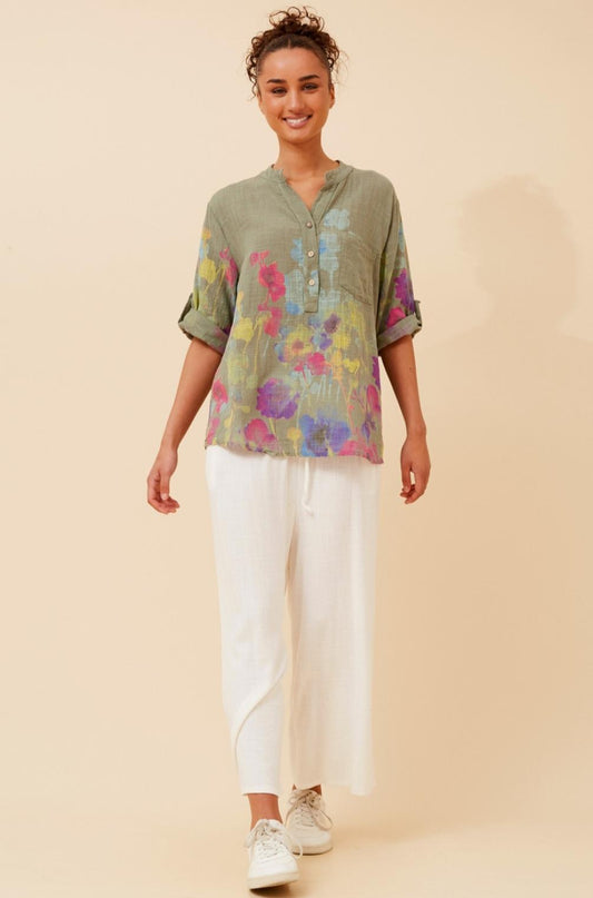 Watercolour Garden Cotton Shirt Khaki