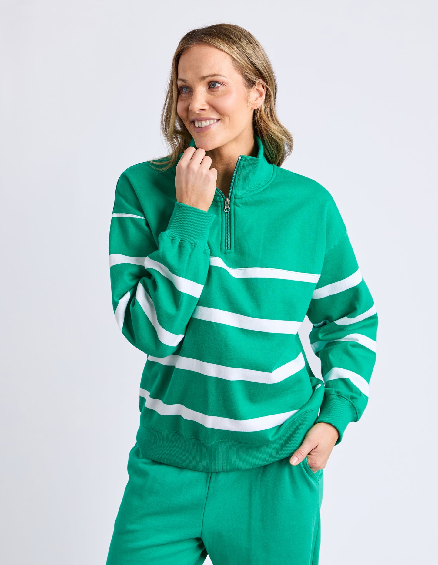 Elm Lifestyle Lane Zip Crew Green & White
