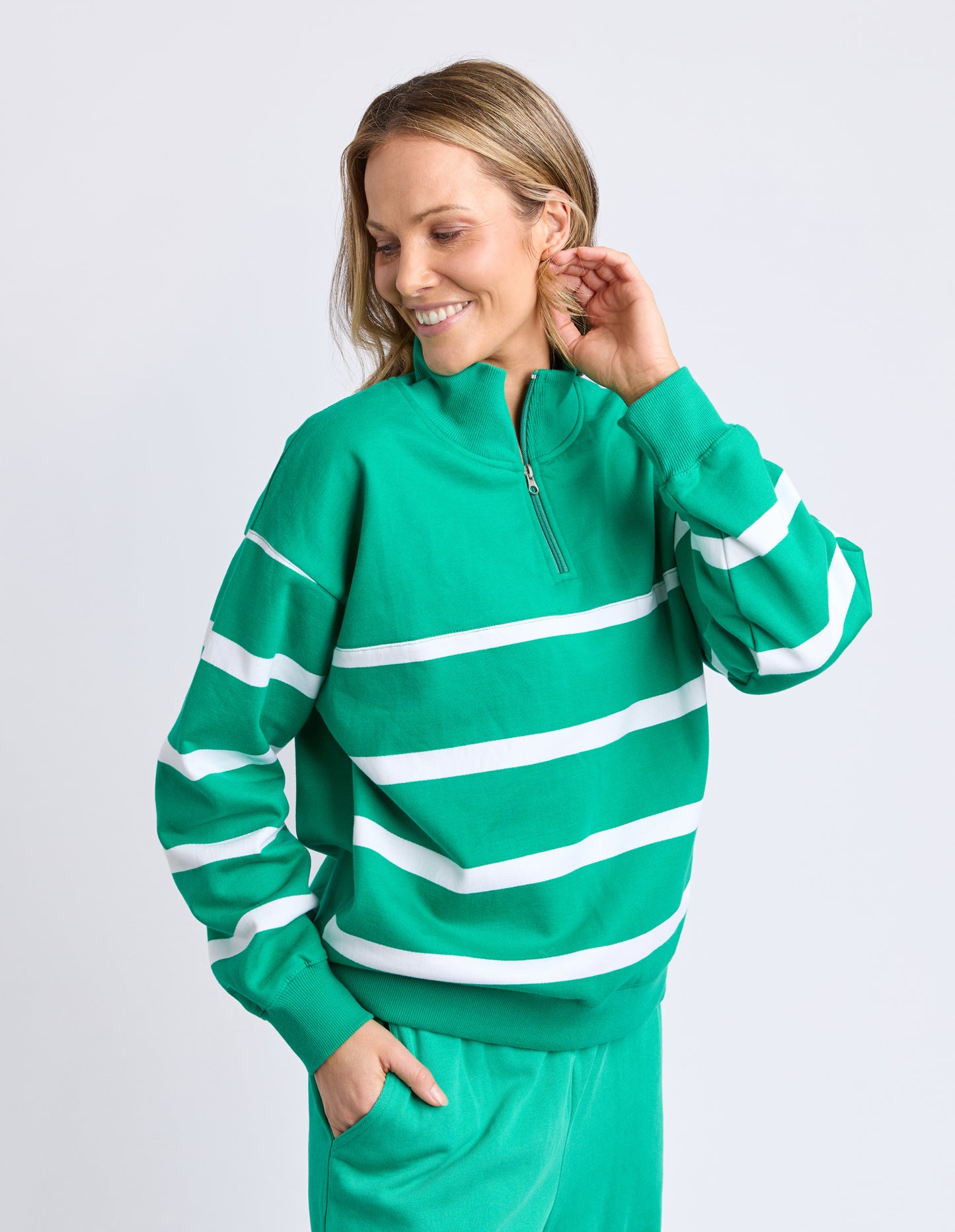 Elm Lifestyle Lane Zip Crew Green & White