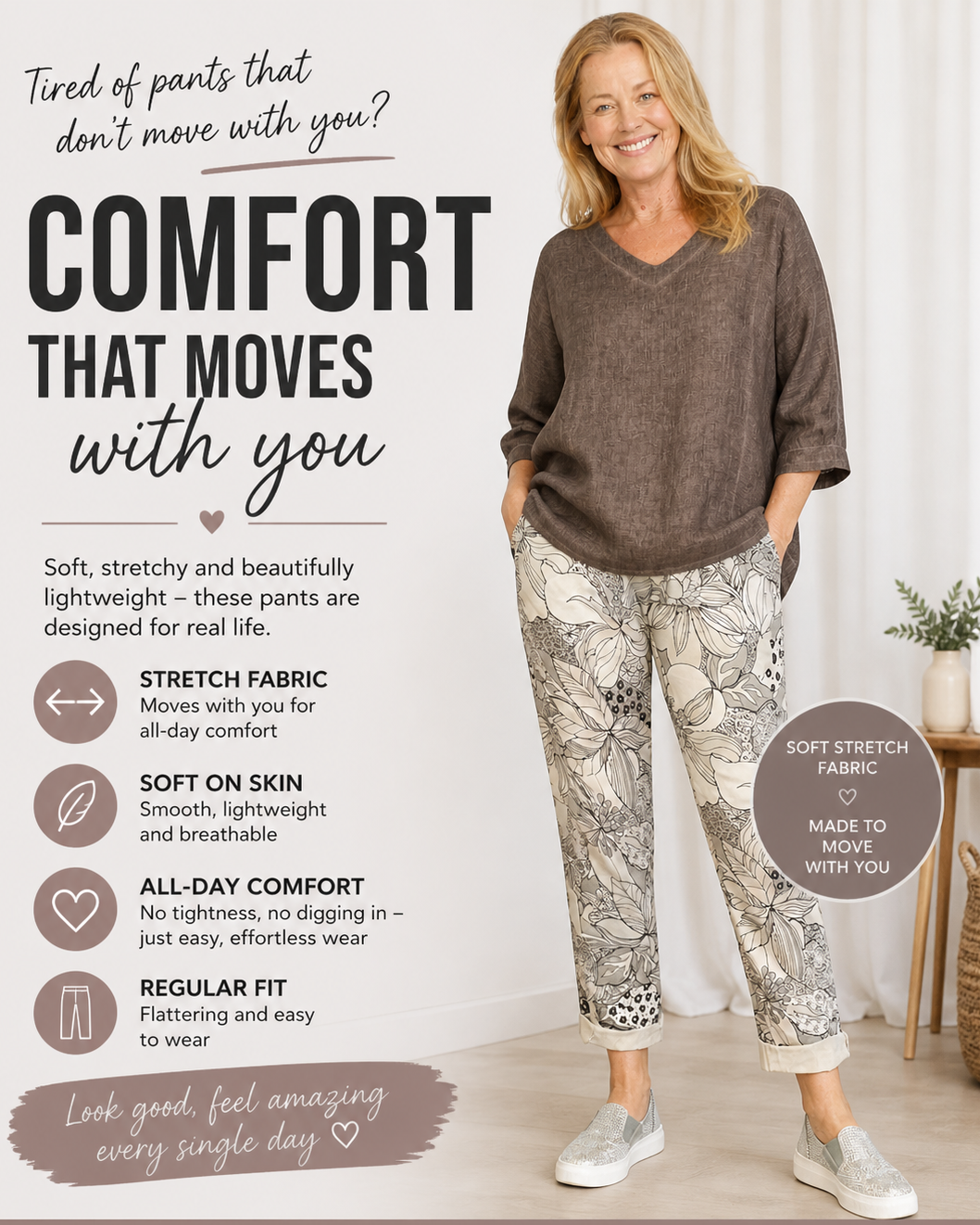 stretch casual pants grey background brown leaf pattern